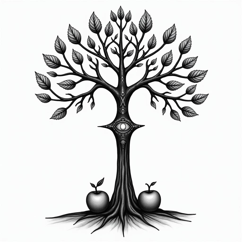 Life tree, 2 apples, 1 on tree, 1 on groundin spiritual symbols tattoo style, featuring an intricate design incorporating elements, Hamsa hand, third eye, minimalist composition - Variation 4