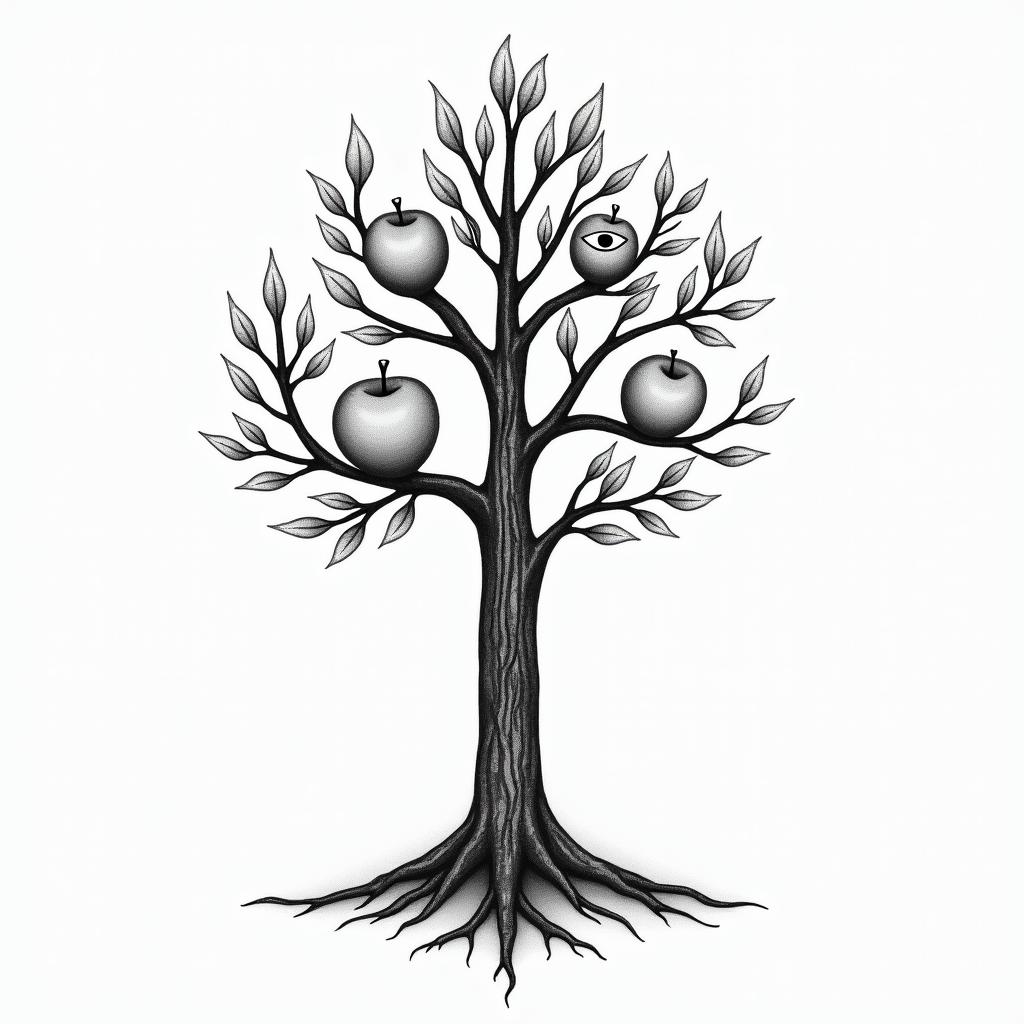 Life tree, 2 apples, 1 on tree, 1 on groundin spiritual symbols tattoo style, featuring an intricate design incorporating elements, Hamsa hand, third eye, minimalist composition
