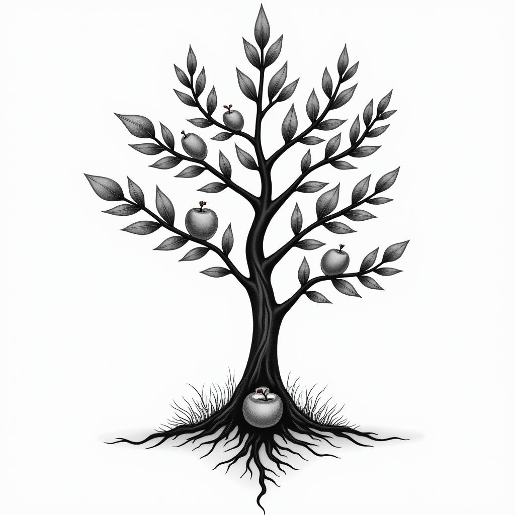Life tree, 2 apples, 1 on tree, 1 on groundin spiritual symbols tattoo style, featuring an intricate design incorporating elements, Hamsa hand, third eye, minimalist composition - Variation 2