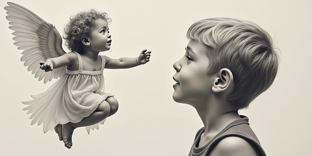 Little boy looking up at floating mom angel asking...." Are you proud of me now mom?"in Modest style tattoo, featuring soft, delicate line work with simple and meaningful symbols, gentle waves, a heart, evoking a sense of serenity and grace, - Variation 6