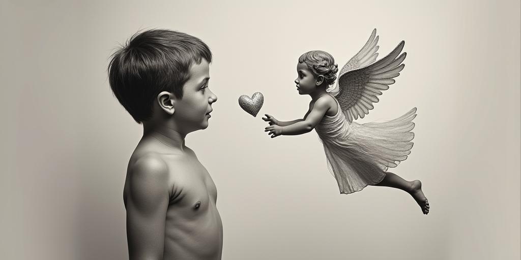 Little boy looking up at floating mom angel asking...." Are you proud of me now mom?"in Modest style tattoo, featuring soft, delicate line work with simple and meaningful symbols, gentle waves, a heart, evoking a sense of serenity and grace, - Variation 8