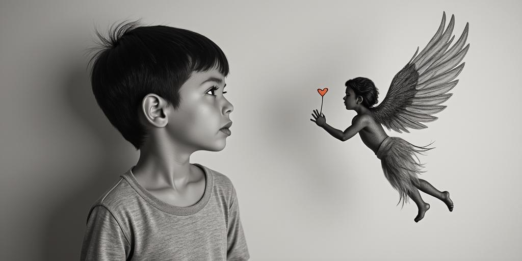 Little boy looking up at floating mom angel asking...." Are you proud of me now mom?"in Modest style tattoo, featuring soft, delicate line work with simple and meaningful symbols, gentle waves, a heart, evoking a sense of serenity and grace, - Variation 5