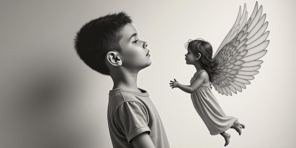 Little boy looking up at floating mom angel asking...." Are you proud of me now mom?"in Modest style tattoo, featuring soft, delicate line work with simple and meaningful symbols, gentle waves, a heart, evoking a sense of serenity and grace, - Variation 7