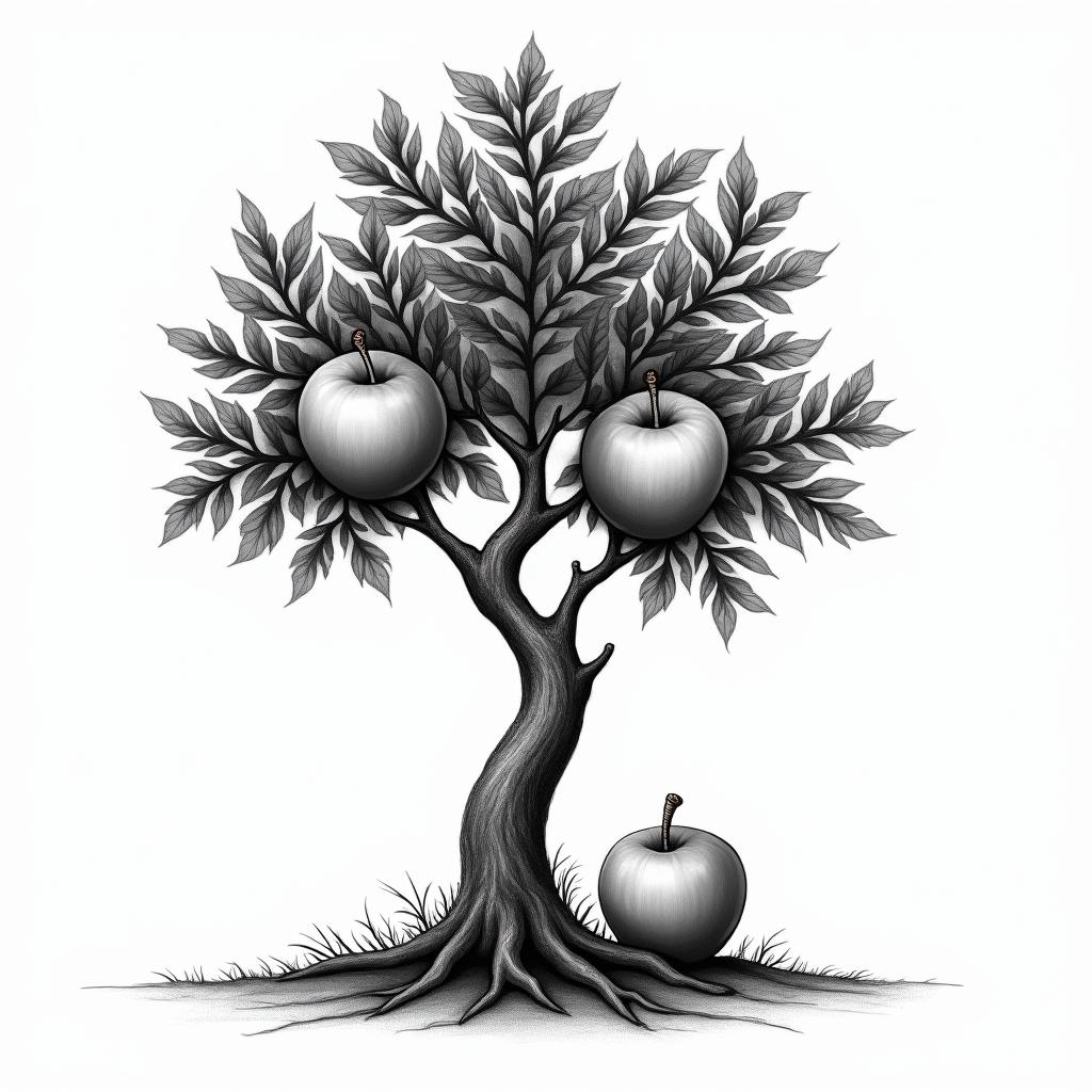 Life tree, 2 apples, 1 on tree, 1 on groundin new school tattoo, pop culture, modern, detailed tattoo, illustrative - Variation 3