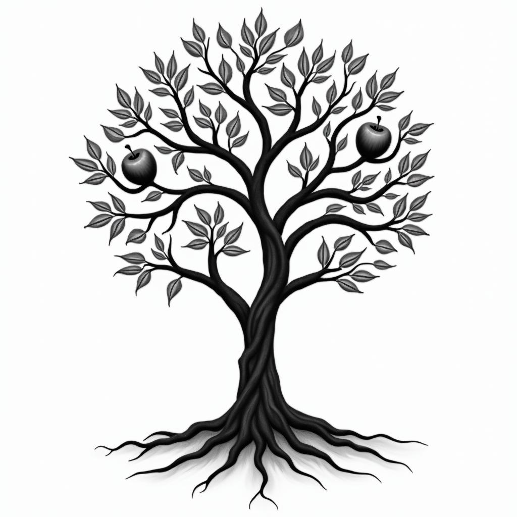 Life tree, 2 apples, 1 on tree, 1 on groundin ornamental tattoo style, featuring intricate symmetrical patterns and floral designs, showcasing highly detailed line work and geometric shapes, creating a sense of elegance and balance