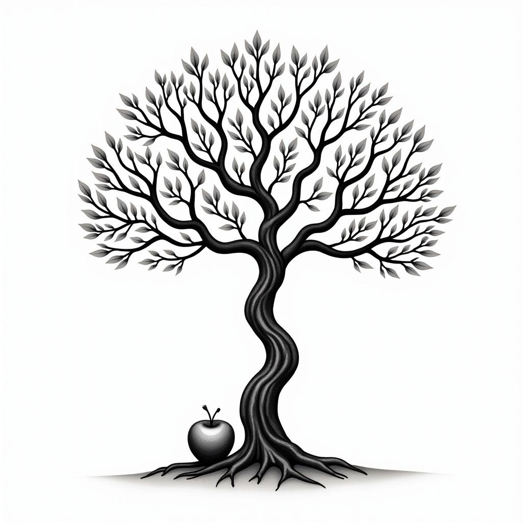 Life tree, 2 apples, 1 on tree, 1 on groundin ornamental tattoo style, featuring intricate symmetrical patterns and floral designs, showcasing highly detailed line work and geometric shapes, creating a sense of elegance and balance - Variation 4