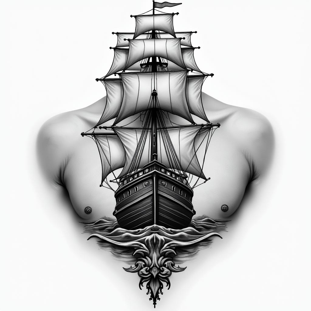 A chest tattoo with a front facing ship, the top of the ship must be at the neck linehigly detailed tattoo - Variation 2