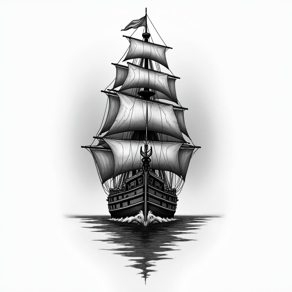 A chest tattoo with a front facing ship, the top of the ship must be at the neck linehigly detailed tattoo
