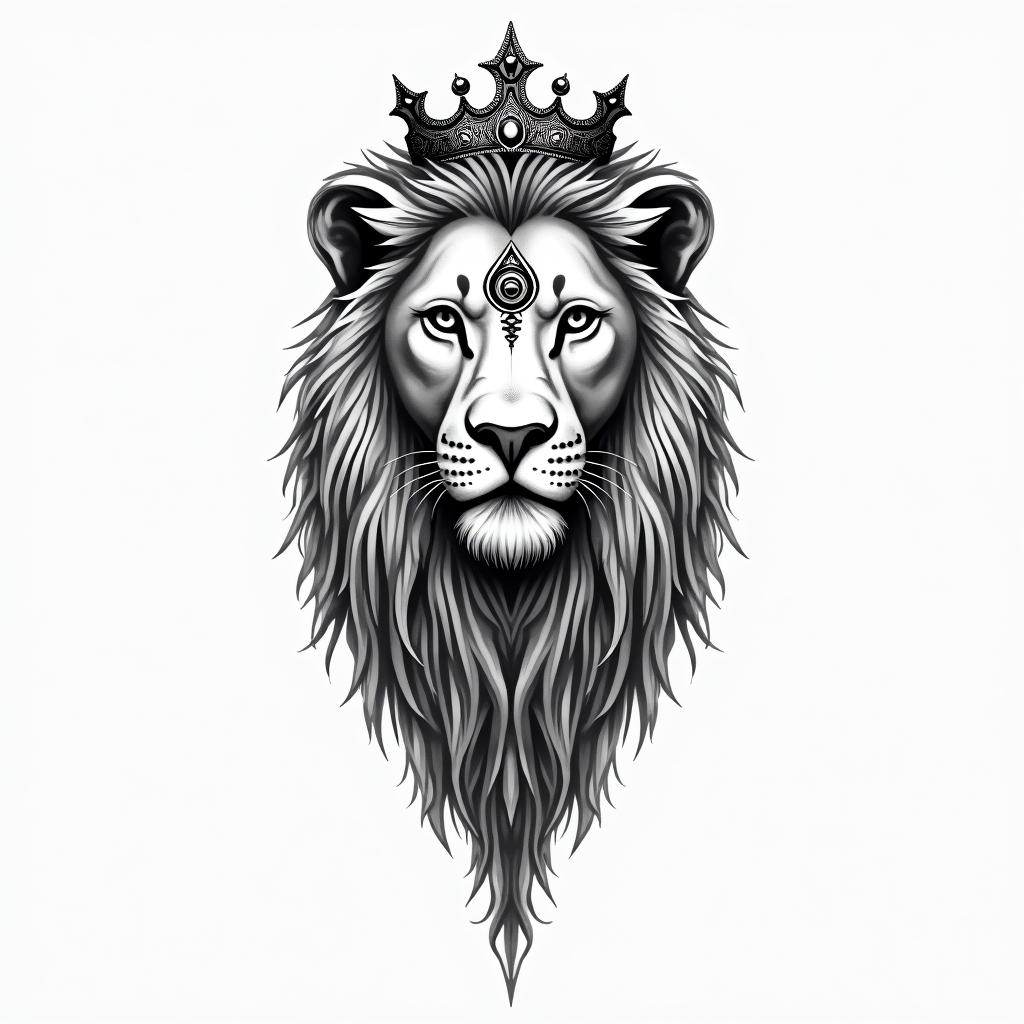 Lioness with crown on headin spiritual symbols tattoo style, featuring an intricate design incorporating elements, Hamsa hand, third eye, minimalist composition - Variation 6