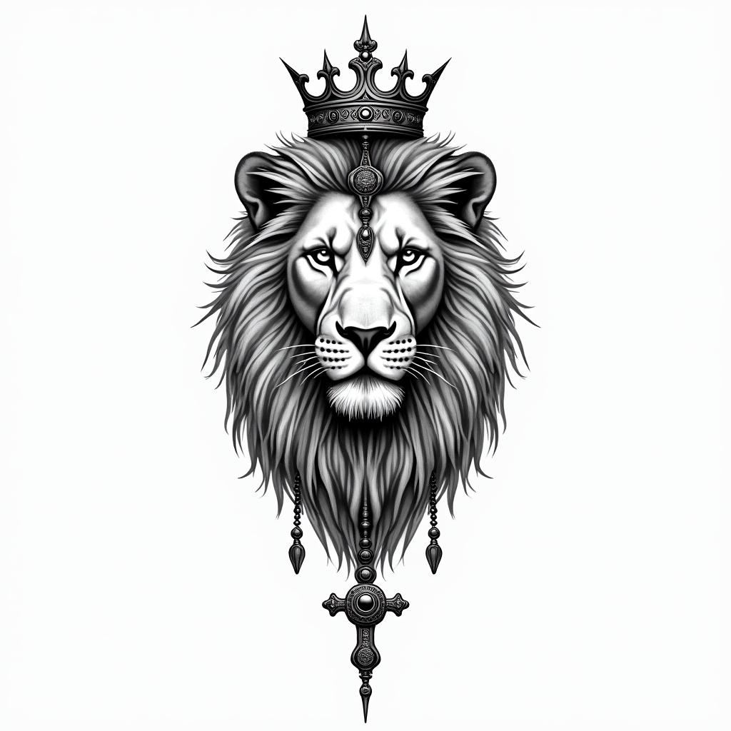 Lioness with crown on headin spiritual symbols tattoo style, featuring an intricate design incorporating elements, Hamsa hand, third eye, minimalist composition - Variation 5
