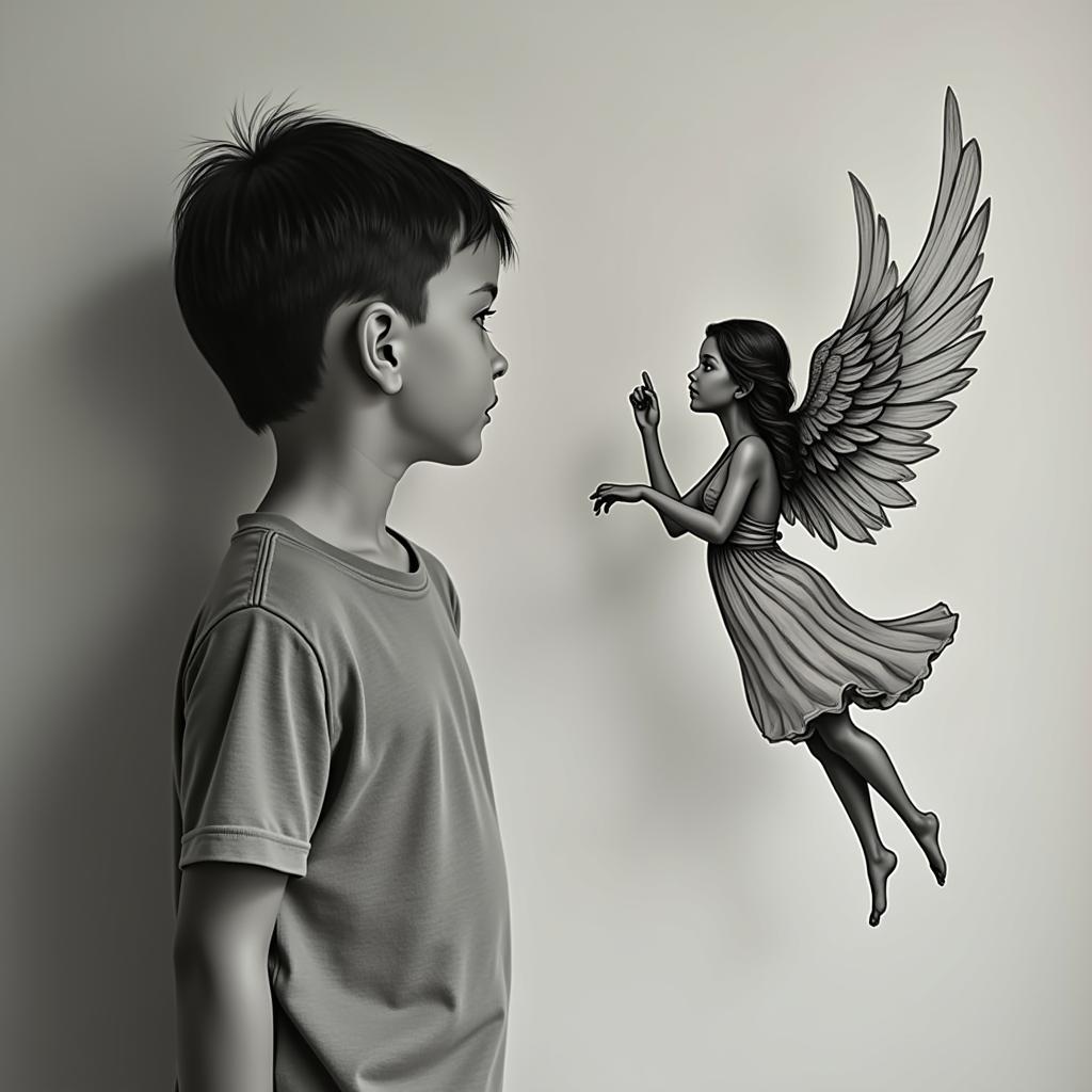 Little boy looking up at floating mom angel asking...." Are you proud of me now mom?"in Modest style tattoo, featuring soft, delicate line work with simple and meaningful symbols, gentle waves, a heart, evoking a sense of serenity and grace,