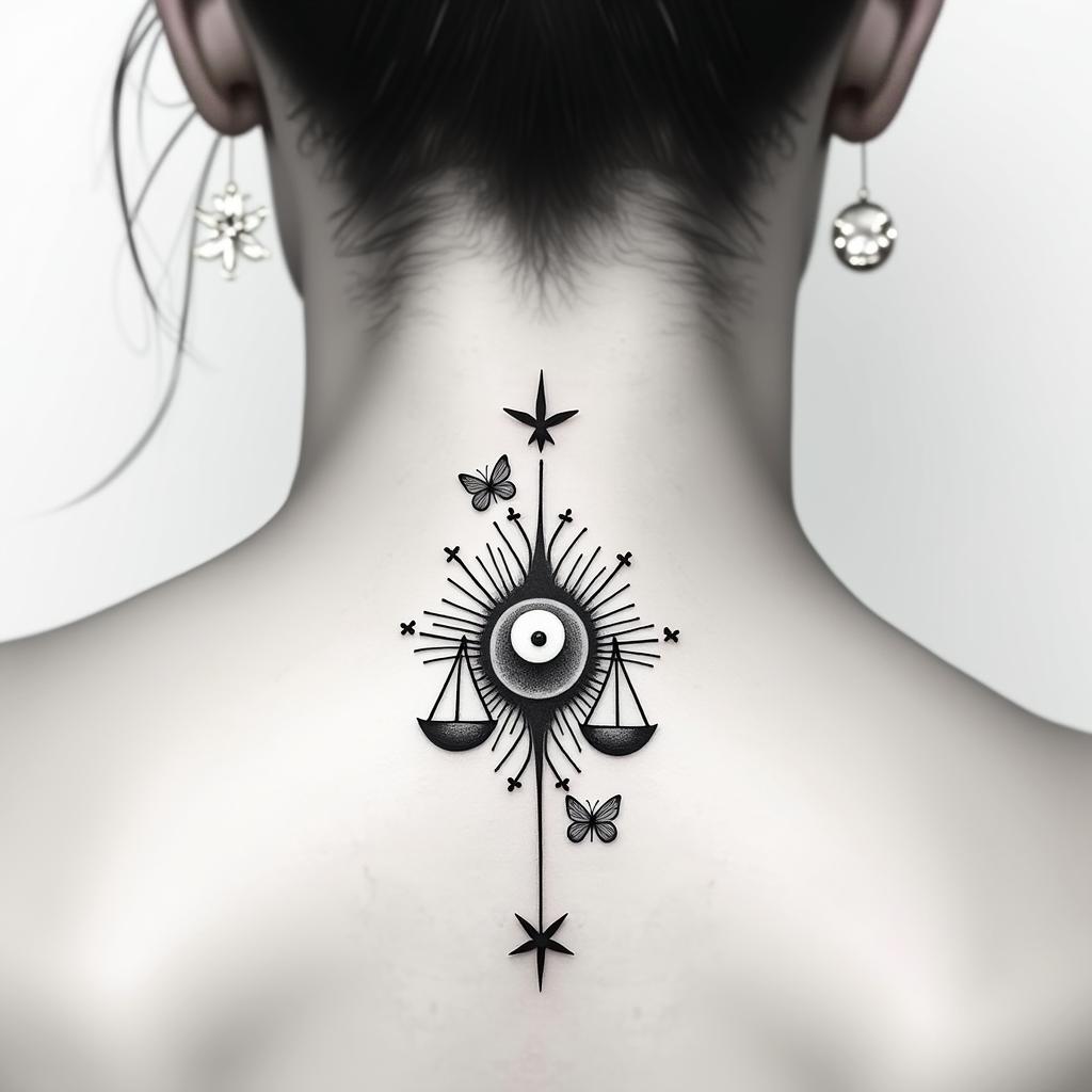 The tattoo I created for you is an elegant fine-line design placed at the back of the neck, just below the hairline. At the center, it features a yin-yang symbol that has been harmoniously fused with the Libra scales, symbolizing inner balance, duality, and justice.

Surrounding this centerpiece are soft, swirling lines that add movement and grace. Delicate butterflies flutter around the central symbol, representing transformation, freedom, and your personal journey. Above the symbol rests a crescent moon and a tiny star, signifying intuition, feminine strength, and cosmic guidance. On one side, a small four-leaf clover is subtly integrated, adding a touch of luck and positivity.

The entire design is clean, minimalistic, and feminine, creating a serene and meaningful look — deeply personal, symbolic, and visually balanced. With mandala and libra in the tattoo.in spiritual symbols tattoo style, featuring an intricate design incorporating elements, Hamsa hand, third eye, minimalist composition