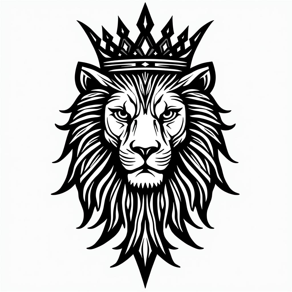 Lioness with crown on headin tribal tattoo style, featuring bold and black geometric shapes, curved lines, intertwine and flow seamlessly, creating a powerful and symbolic design, polynesian and maori styles - Variation 11