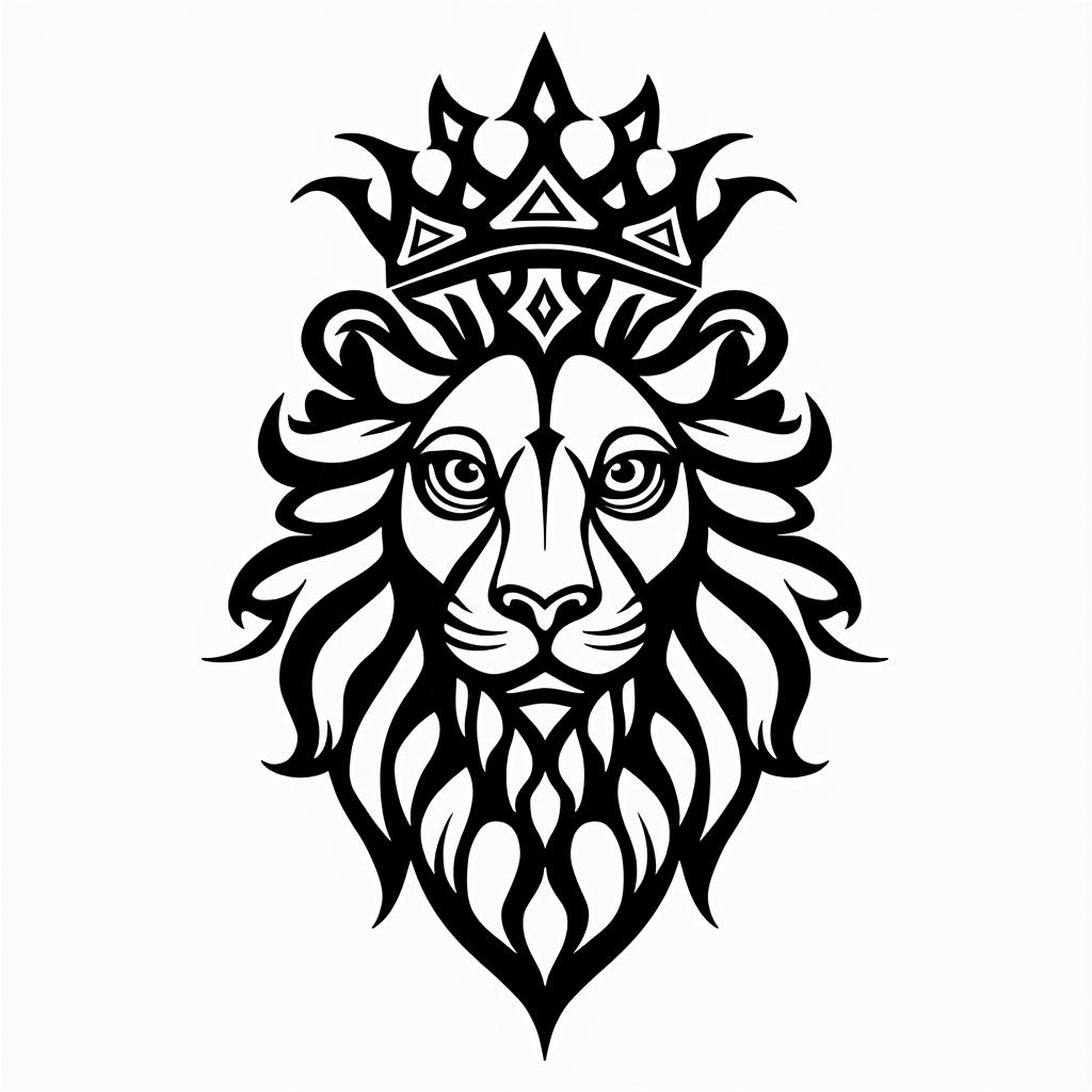 Lioness with crown on headin tribal tattoo style, featuring bold and black geometric shapes, curved lines, intertwine and flow seamlessly, creating a powerful and symbolic design, polynesian and maori styles - Variation 10