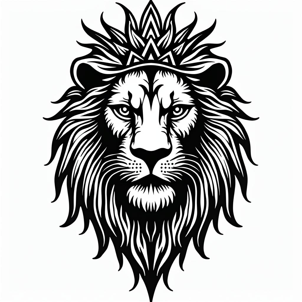 Lioness with crown on headin tribal tattoo style, featuring bold and black geometric shapes, curved lines, intertwine and flow seamlessly, creating a powerful and symbolic design, polynesian and maori styles - Variation 9