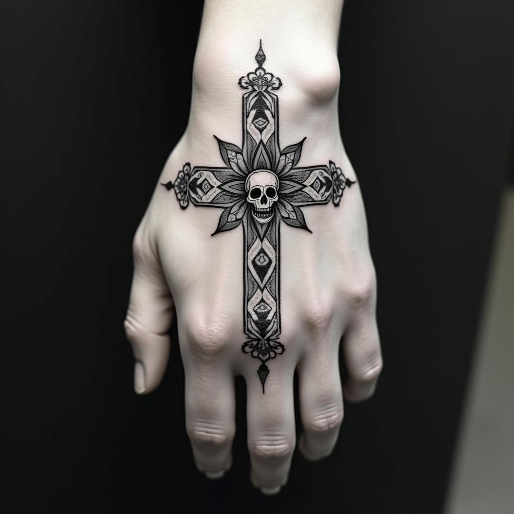 Delicate cross, chain, flower, skull in geometric style tattoo, blending hexagons, mandala-inspired patterns, symmetrical and fractal design, clean lines, sharp angles - Variation 3