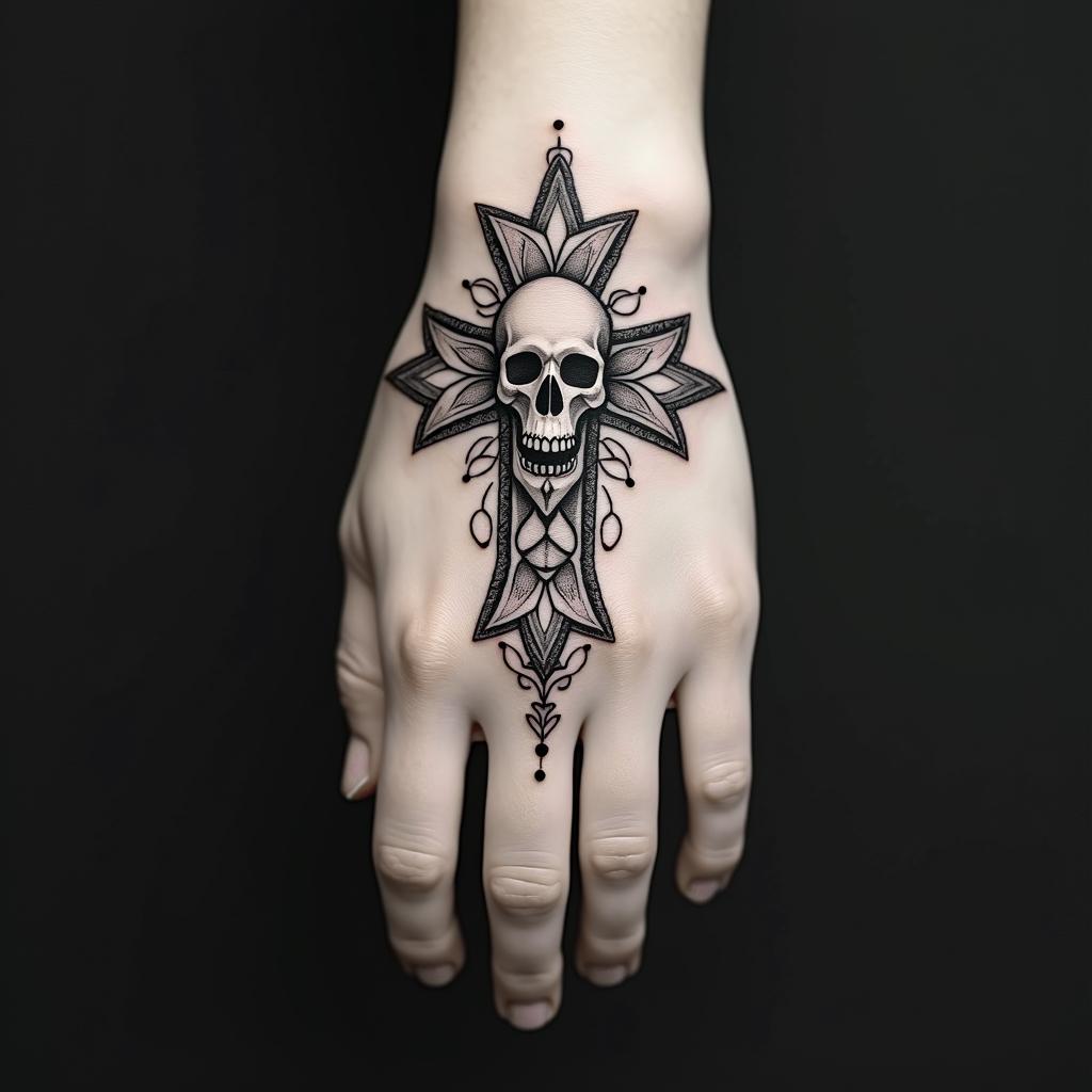 Delicate cross, chain, flower, skull in geometric style tattoo, blending hexagons, mandala-inspired patterns, symmetrical and fractal design, clean lines, sharp angles