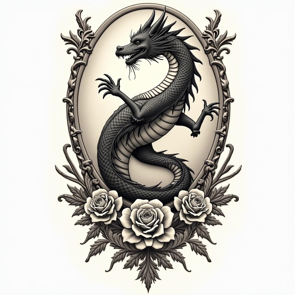 Zoroastrian. Dragon.in victorian style tattoo, featuring vintage and elegant elements, ornate frames, roses, antique, sepia-toned color scheme - Variation 6