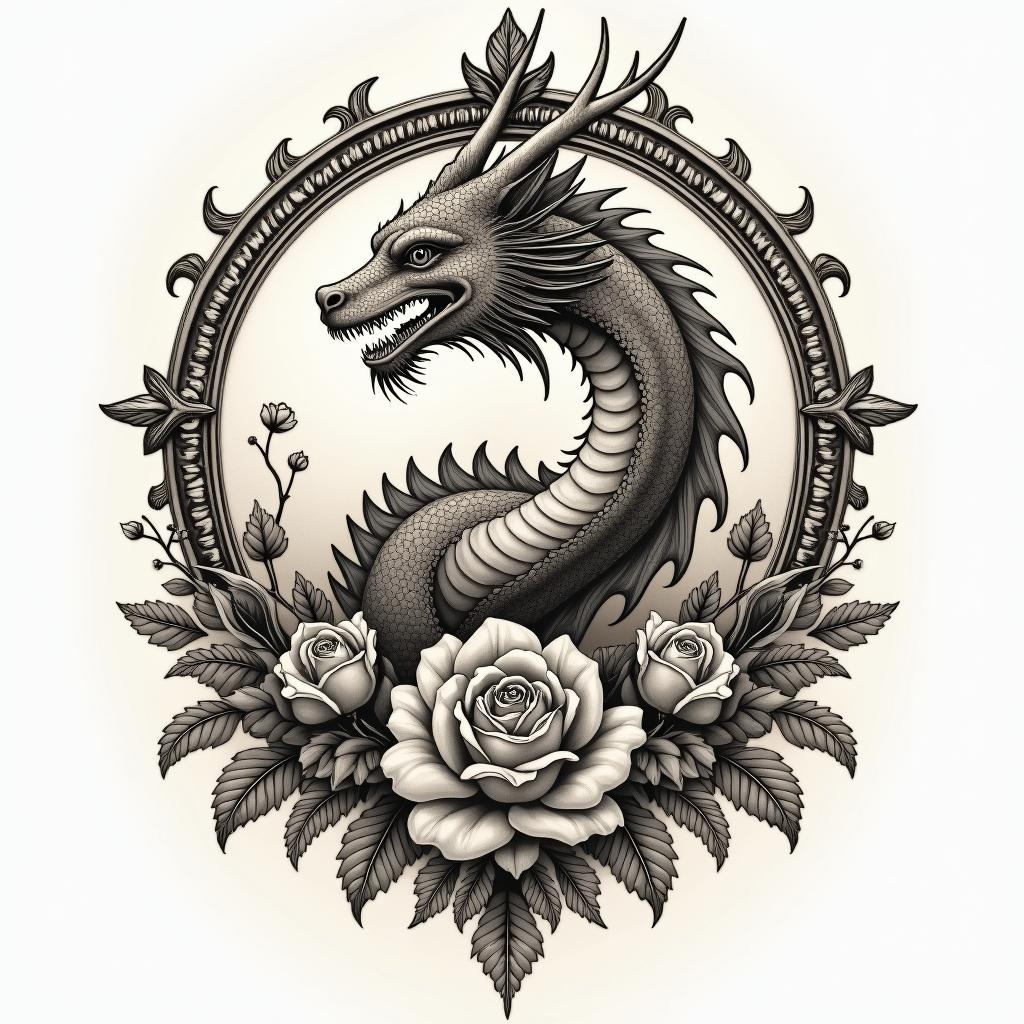 Zoroastrian. Dragon.in victorian style tattoo, featuring vintage and elegant elements, ornate frames, roses, antique, sepia-toned color scheme - Variation 5