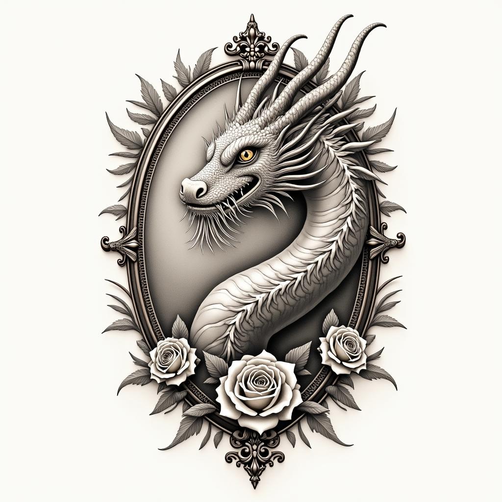 Zoroastrian. Dragon.in victorian style tattoo, featuring vintage and elegant elements, ornate frames, roses, antique, sepia-toned color scheme - Variation 8
