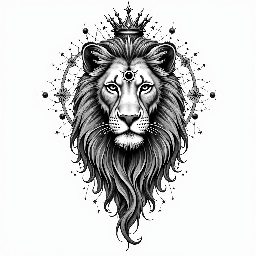 Lioness with crown on headin prophecy tattoo style, featuring mystical symbols, celestial imagery like stars, moons, suns, geometric patterns, foretelling elements, an eye of wisdom - Variation 12