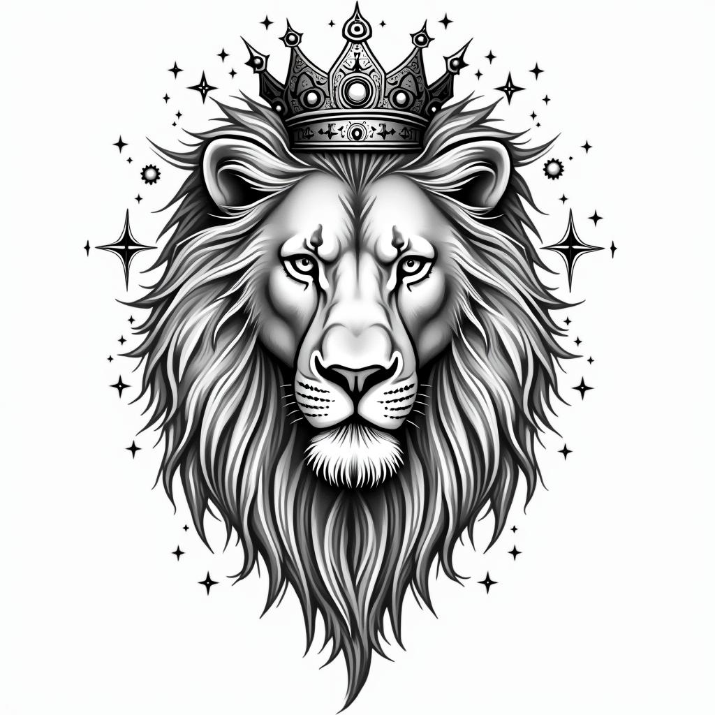Lioness with crown on headin prophecy tattoo style, featuring mystical symbols, celestial imagery like stars, moons, suns, geometric patterns, foretelling elements, an eye of wisdom - Variation 10
