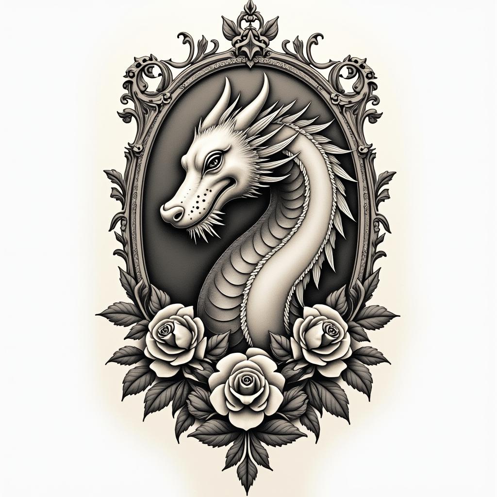 Zoroastrian. Dragon.in victorian style tattoo, featuring vintage and elegant elements, ornate frames, roses, antique, sepia-toned color scheme - Variation 3