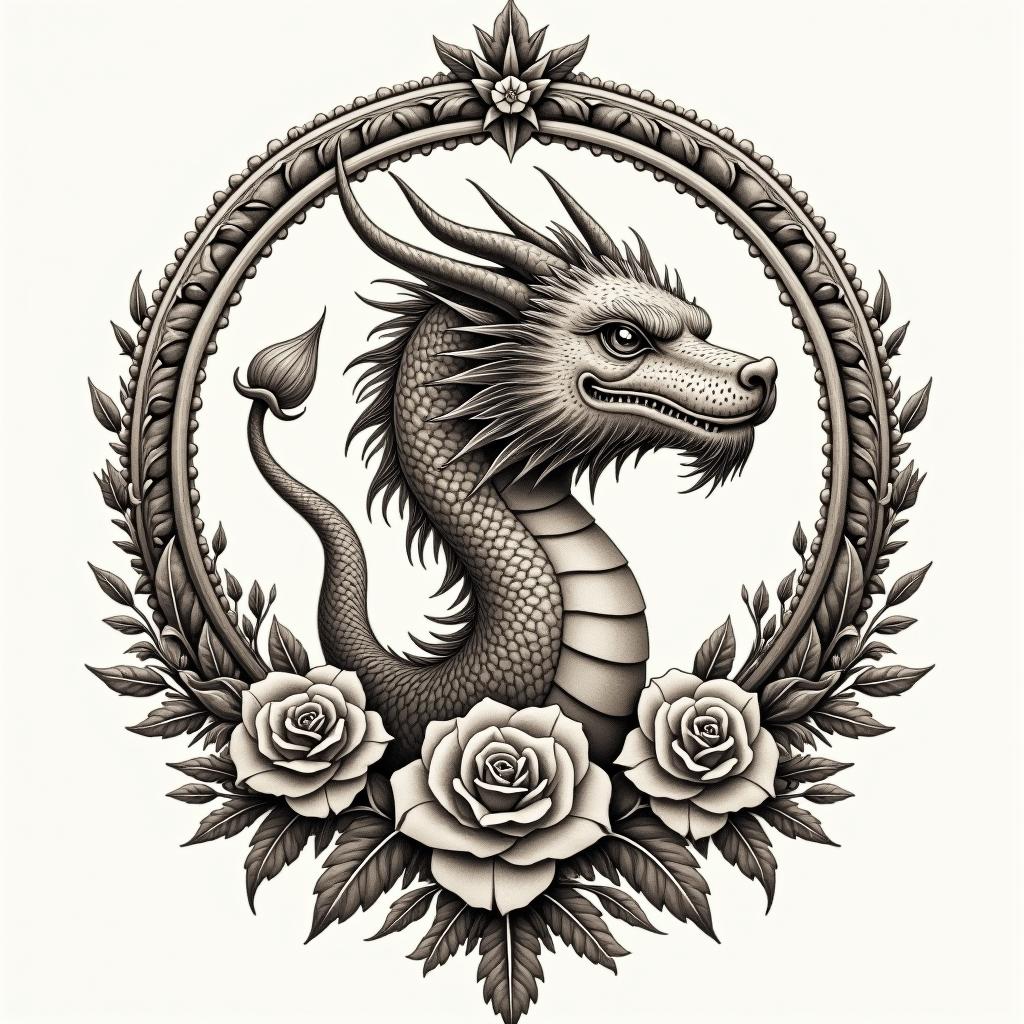 Zoroastrian. Dragon.in victorian style tattoo, featuring vintage and elegant elements, ornate frames, roses, antique, sepia-toned color scheme - Variation 2