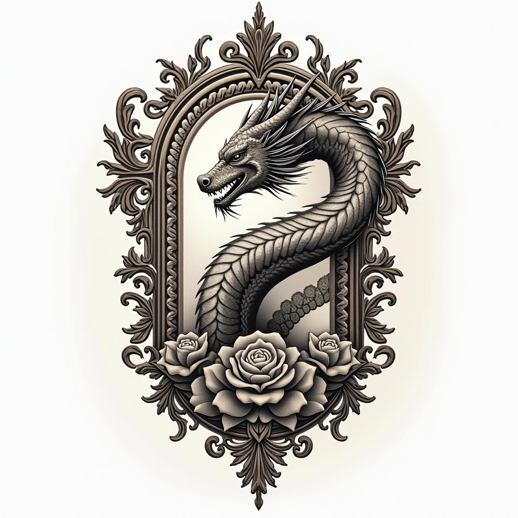 Zoroastrian. Dragon.in victorian style tattoo, featuring vintage and elegant elements, ornate frames, roses, antique, sepia-toned color scheme