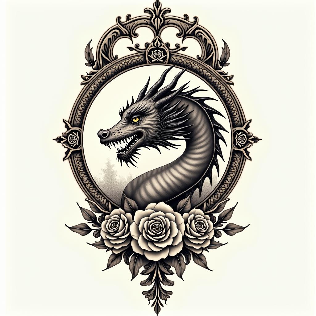 Zoroastrian. Dragon.in victorian style tattoo, featuring vintage and elegant elements, ornate frames, roses, antique, sepia-toned color scheme - Variation 4