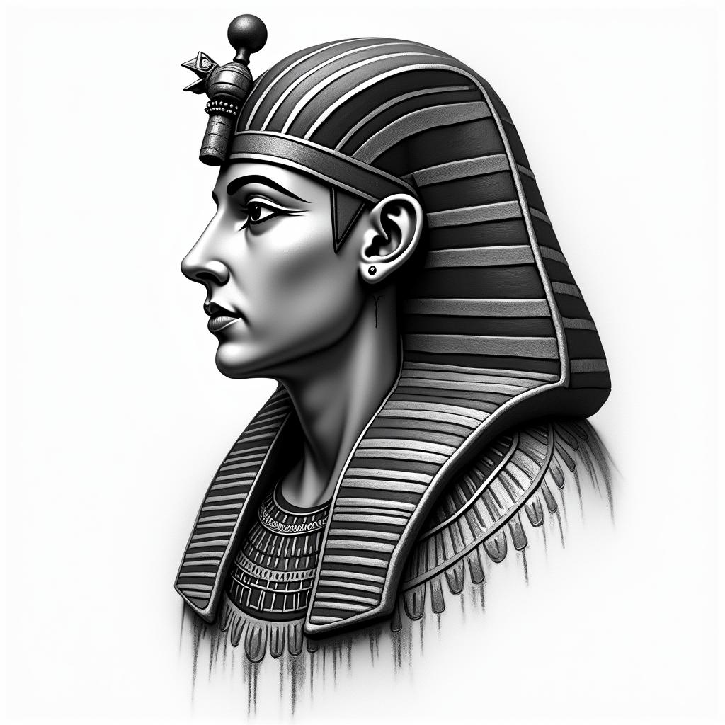 That I describe how brave and warrior-like I am, how important it is for me to live day by day.in egyptian style tattoo, bold elements of ancient egyptian culture including a portrait of an Egyptian pharaoh with detailed facial features, in hieroglyphs and symbolic imagery, eye of horus, ankh symbol, scarab beetle