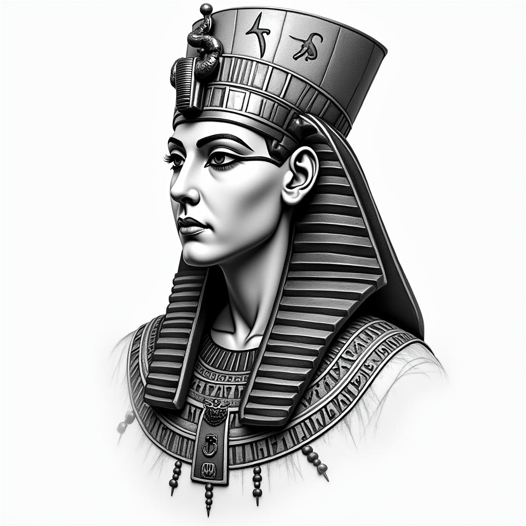 That I describe how brave and warrior-like I am, how important it is for me to live day by day.in egyptian style tattoo, bold elements of ancient egyptian culture including a portrait of an Egyptian pharaoh with detailed facial features, in hieroglyphs and symbolic imagery, eye of horus, ankh symbol, scarab beetle - Variation 4