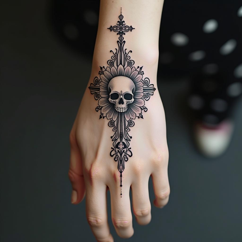 Delicate cross, chain, flower, skullin ornamental tattoo style, featuring intricate symmetrical patterns and floral designs, showcasing highly detailed line work and geometric shapes, creating a sense of elegance and balance