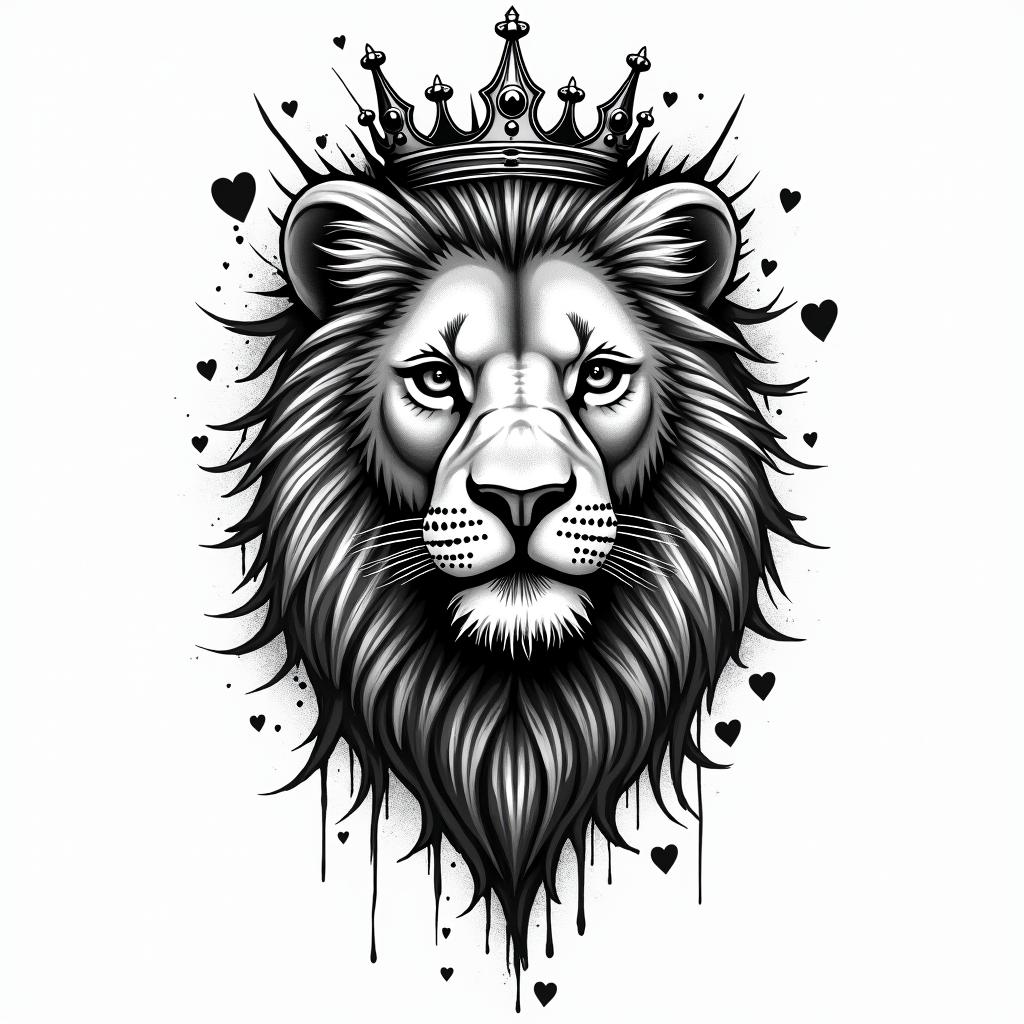 Lioness with crown on headin graffiti style tattoo, featuring bold and dynamic street art elements, spray-paint texture with exaggerated lines and expressive, chaotic brushstrokes, intricate lettering incorporated with graffiti tags, symbols like hearts, stars, and wings - Variation 9