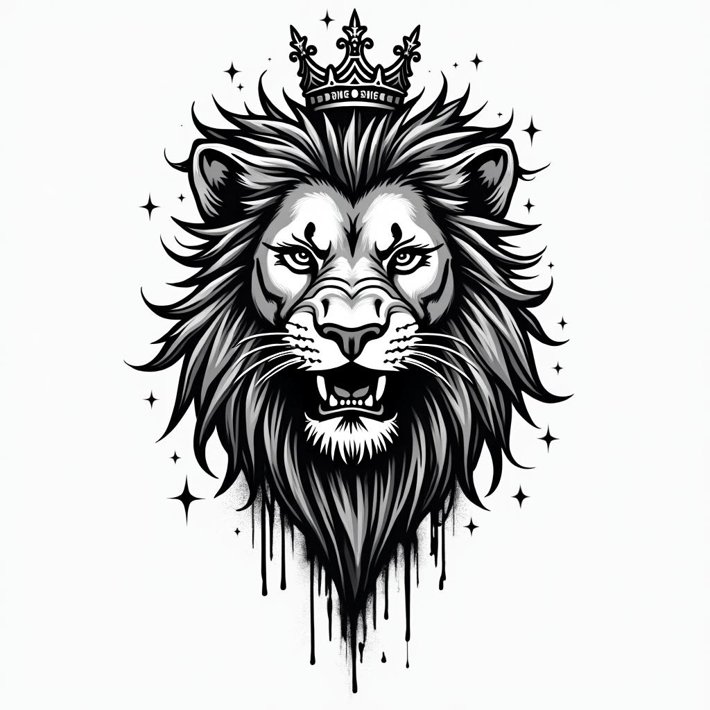 Lioness with crown on headin graffiti style tattoo, featuring bold and dynamic street art elements, spray-paint texture with exaggerated lines and expressive, chaotic brushstrokes, intricate lettering incorporated with graffiti tags, symbols like hearts, stars, and wings - Variation 11