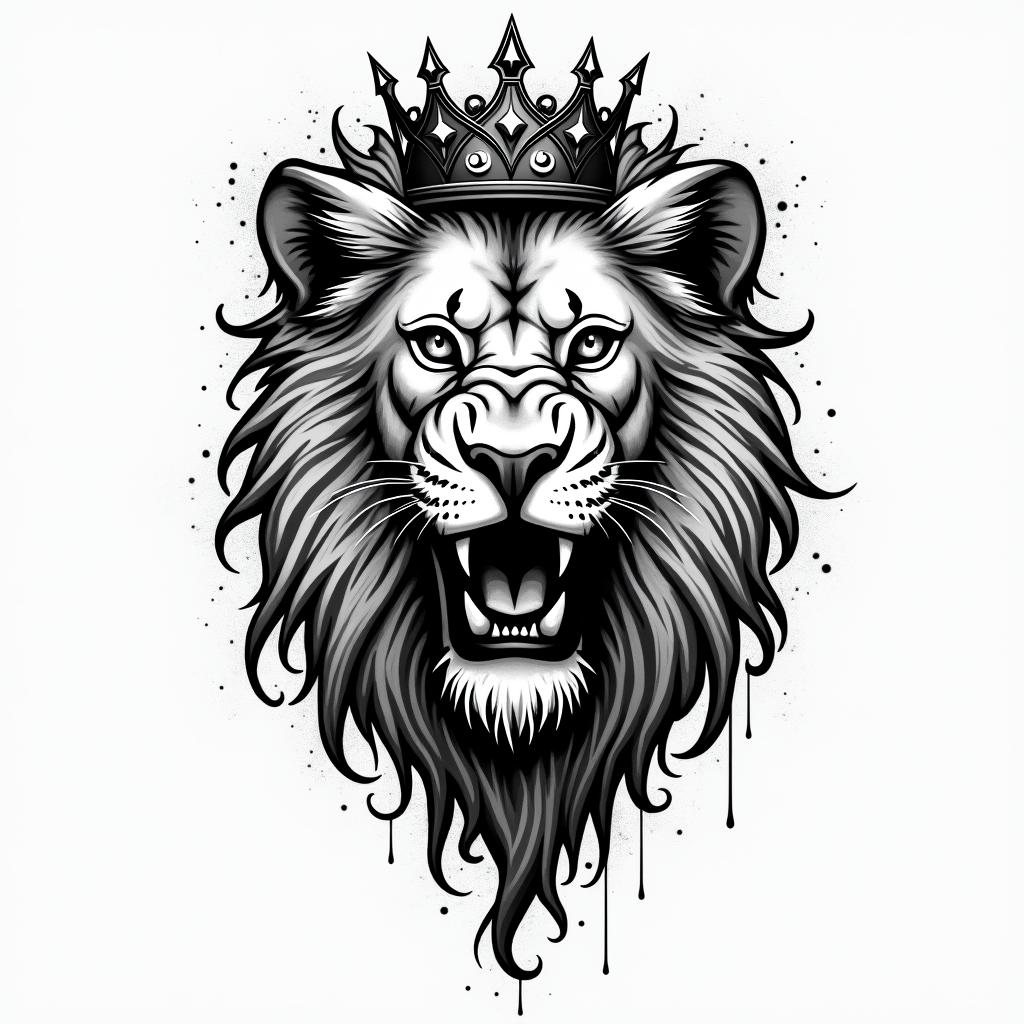 Lioness with crown on headin graffiti style tattoo, featuring bold and dynamic street art elements, spray-paint texture with exaggerated lines and expressive, chaotic brushstrokes, intricate lettering incorporated with graffiti tags, symbols like hearts, stars, and wings - Variation 10