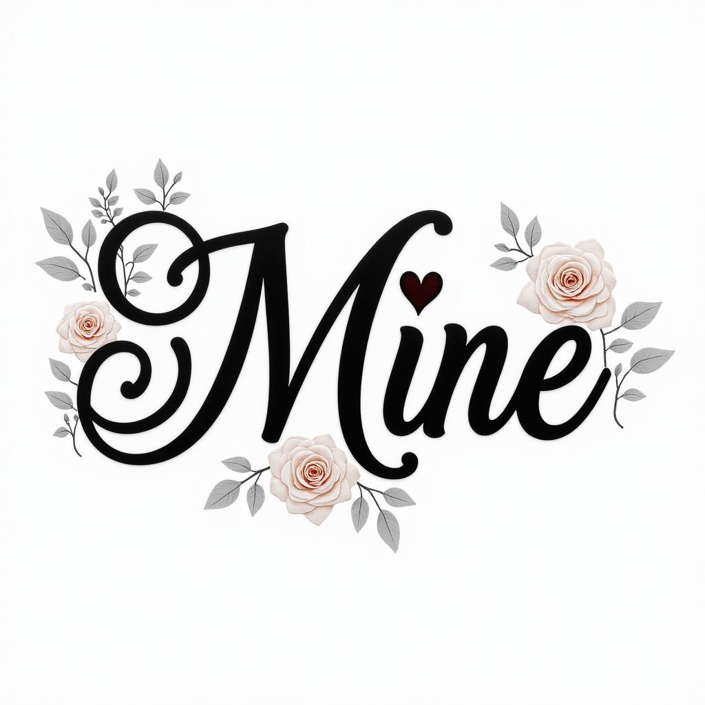 Minein elegant cursive calligraphy style 2d tattoo, decorate with roses, featuring a smooth and flowing handwritten script with slightly thickened strokes for a luxurious and bold appearance,  heart symbol between names,  sleek and glossy black text with shadowing, minimalist matte white background, clean and sharp edges, illuminated with soft lighting, romantic, 8k, high-quality textures with refined typography - Variation 4