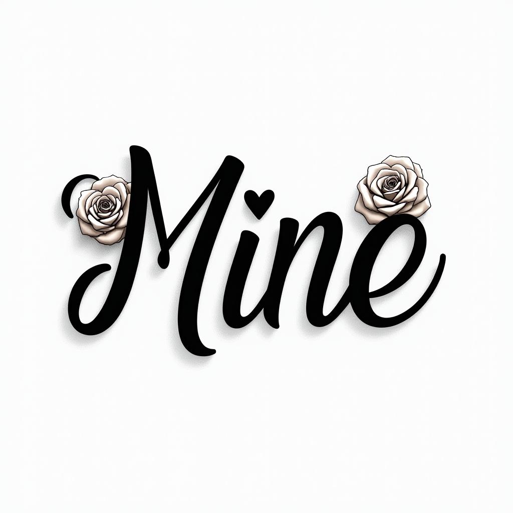 Minein elegant cursive calligraphy style 2d tattoo, decorate with roses, featuring a smooth and flowing handwritten script with slightly thickened strokes for a luxurious and bold appearance,  heart symbol between names,  sleek and glossy black text with shadowing, minimalist matte white background, clean and sharp edges, illuminated with soft lighting, romantic, 8k, high-quality textures with refined typography