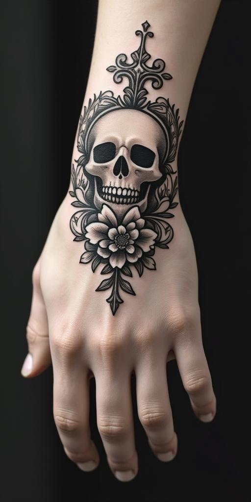 Delicate cross, net, flower, skullin victorian style tattoo, featuring vintage and elegant elements, ornate frames, roses, antique, sepia-toned color scheme - Variation 3