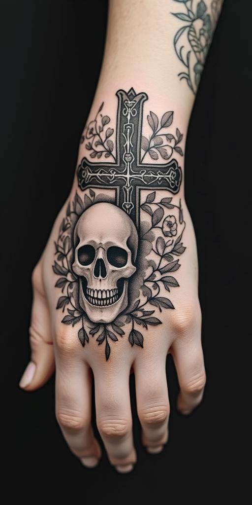 Delicate cross, net, flower, skullin victorian style tattoo, featuring vintage and elegant elements, ornate frames, roses, antique, sepia-toned color scheme