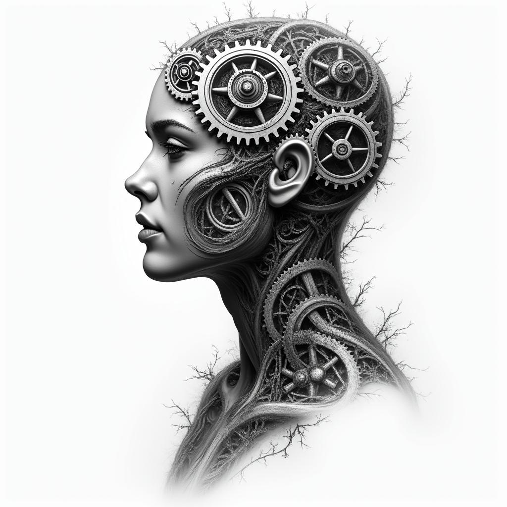Mechanical gears fused with human anatomyin portrait tattoo style, featuring a highly realistic and detailed depiction - Variation 2