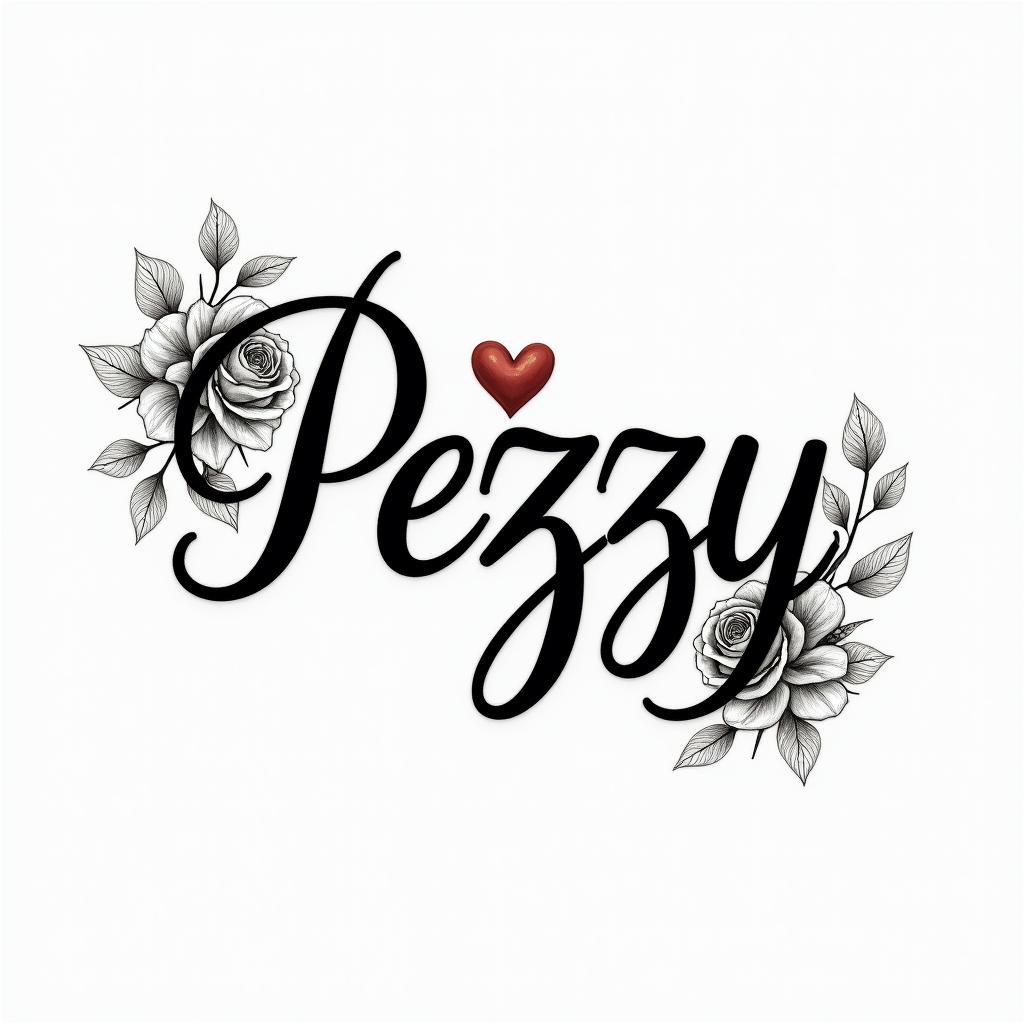 Pezzyin elegant cursive calligraphy style 2d tattoo, decorate with roses, featuring a smooth and flowing handwritten script with slightly thickened strokes for a luxurious and bold appearance,  heart symbol between names,  sleek and glossy black text with shadowing, minimalist matte white background, clean and sharp edges, illuminated with soft lighting, romantic, 8k, high-quality textures with refined typography