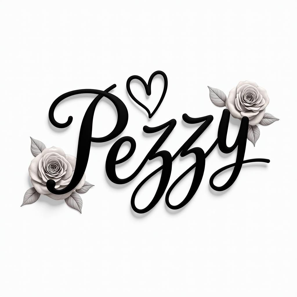 Pezzyin elegant cursive calligraphy style 2d tattoo, decorate with roses, featuring a smooth and flowing handwritten script with slightly thickened strokes for a luxurious and bold appearance,  heart symbol between names,  sleek and glossy black text with shadowing, minimalist matte white background, clean and sharp edges, illuminated with soft lighting, romantic, 8k, high-quality textures with refined typography - Variation 2