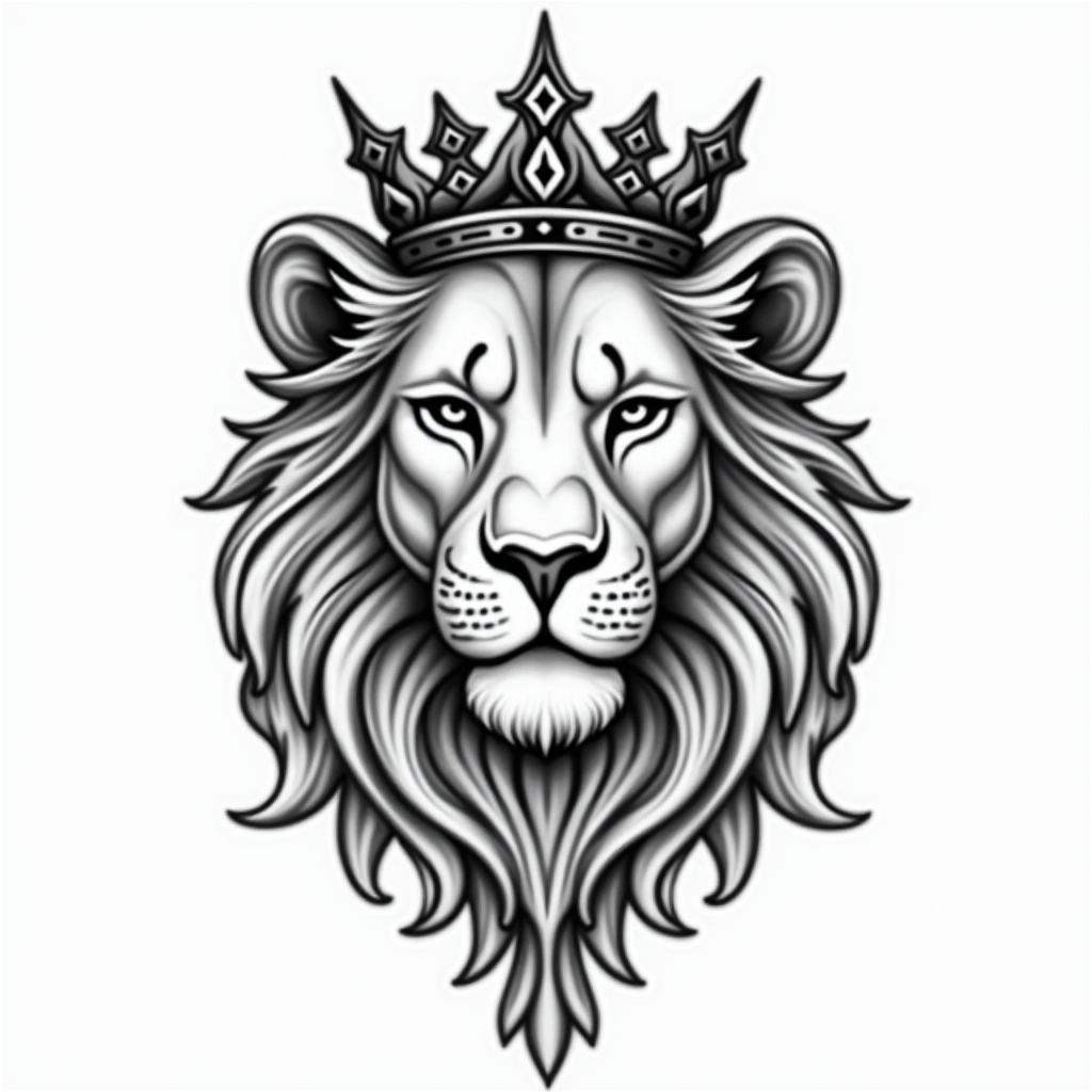 Lioness with crown on headin ornamental tattoo style, featuring intricate symmetrical patterns and floral designs, showcasing highly detailed line work and geometric shapes, creating a sense of elegance and balance - Variation 9