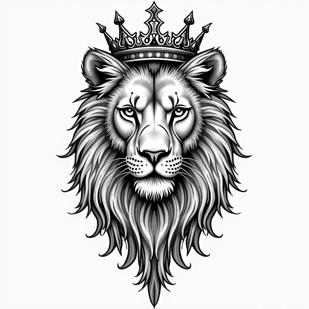 Lioness with crown on headin ornamental tattoo style, featuring intricate symmetrical patterns and floral designs, showcasing highly detailed line work and geometric shapes, creating a sense of elegance and balance - Variation 12
