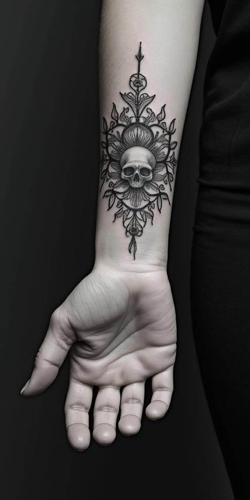Delicate cross, net, flower, skullin bohemian style tattoo, 8k - Variation 2
