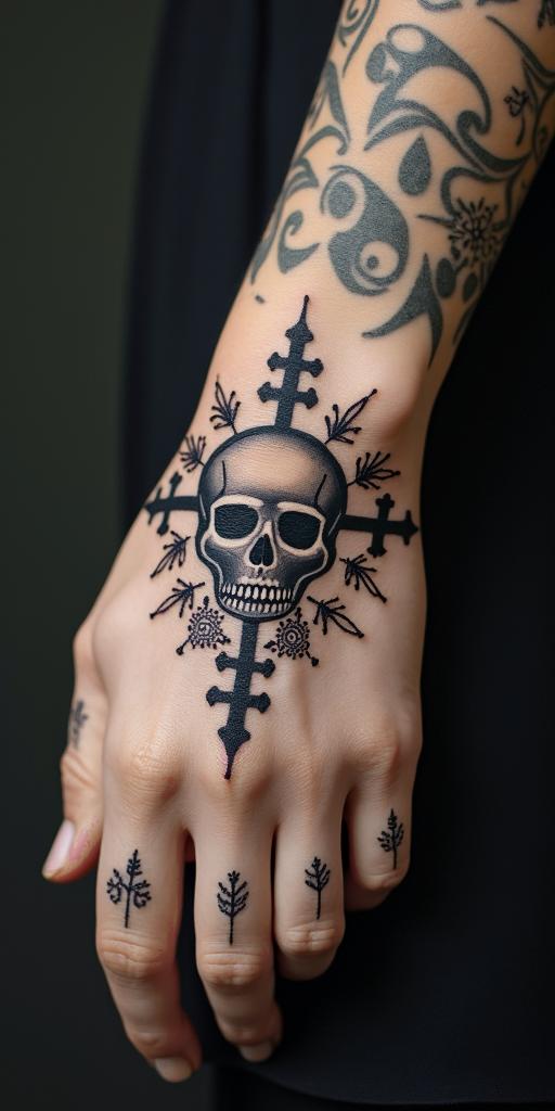 Delicate cross, net, flower, skullin bohemian style tattoo, 8k