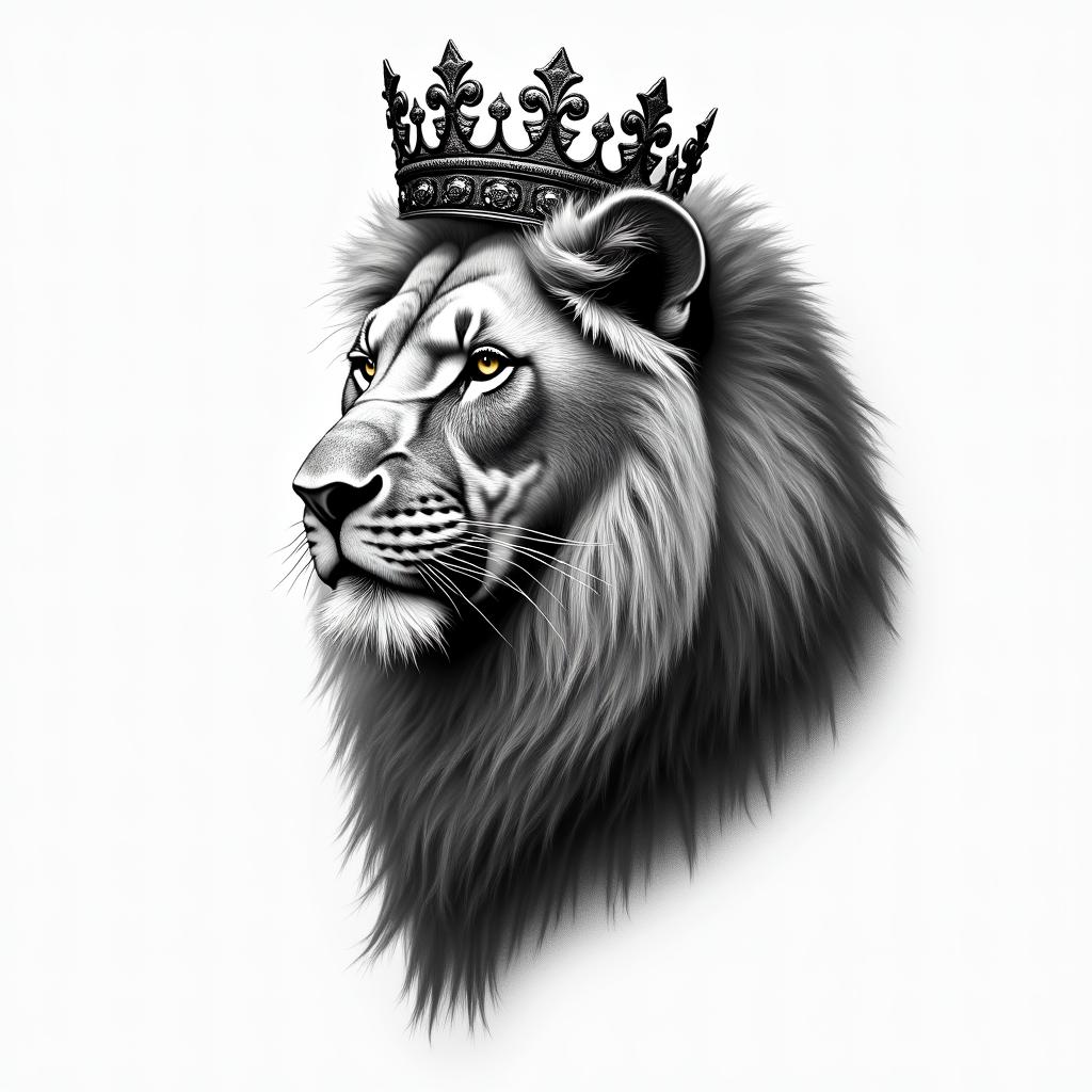 Lioness with crown on headin portrait tattoo style, featuring a highly realistic and detailed depiction  - Variation 7