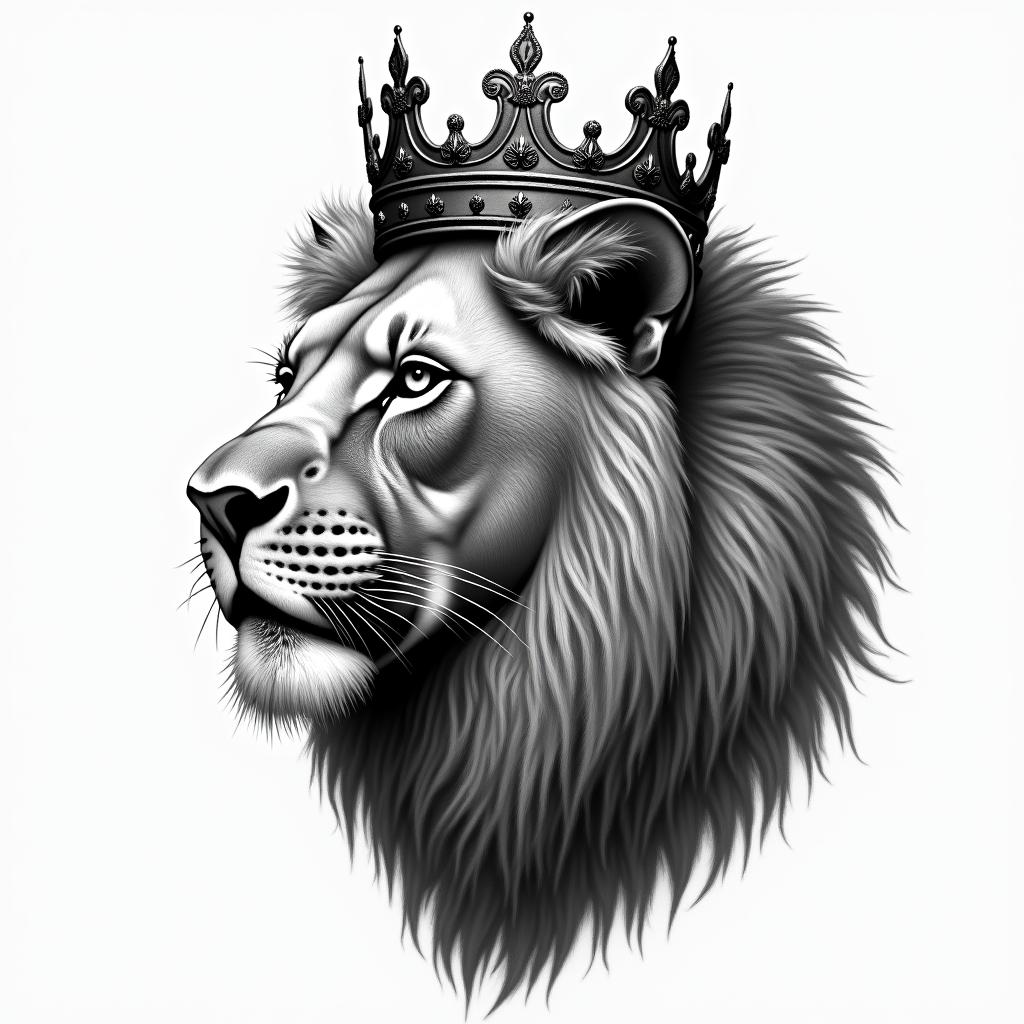 Lioness with crown on headin portrait tattoo style, featuring a highly realistic and detailed depiction  - Variation 6