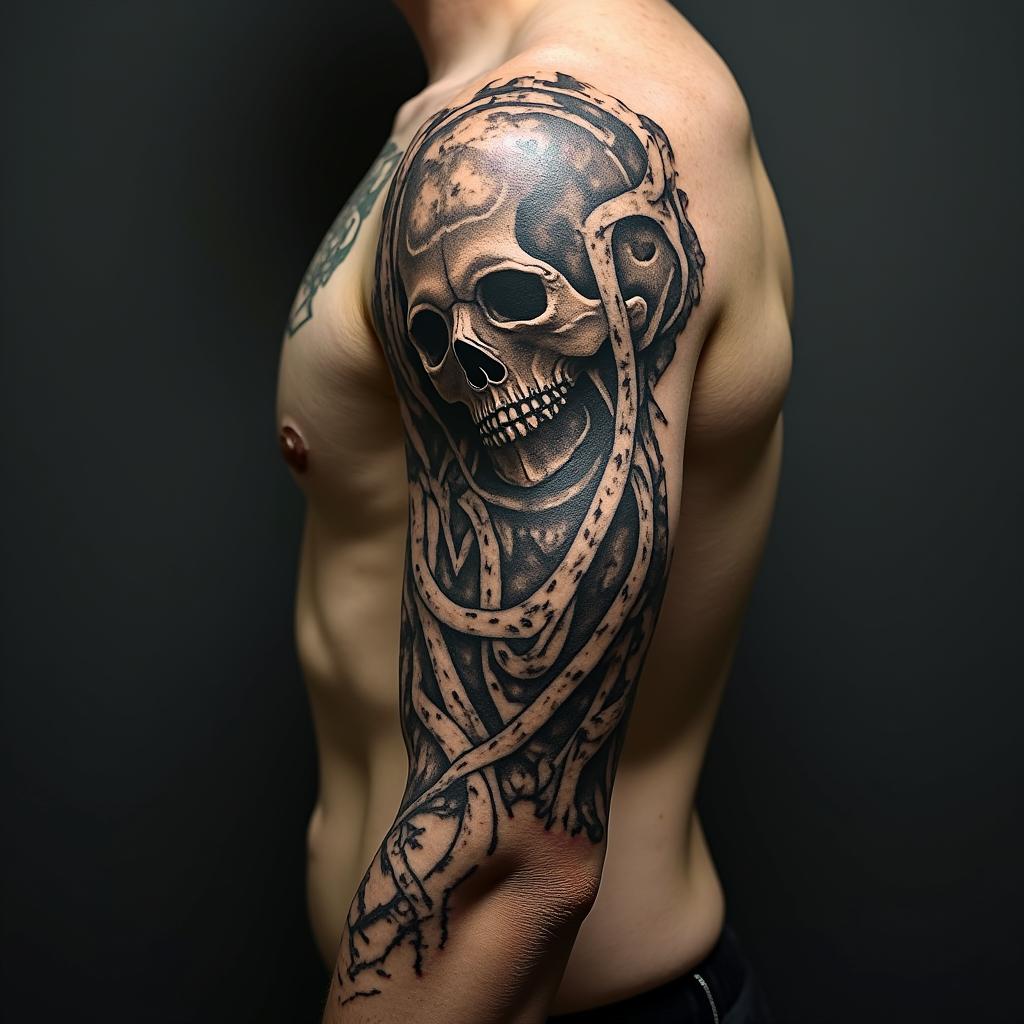 H.P. Lovecraftian horror, , number 8 symbolism in horror tattoo style, showcasing haunting and unsettling, dark and gritty textures with skulls, eerie faces, jgged designs, bold and intense shading - Variation 2